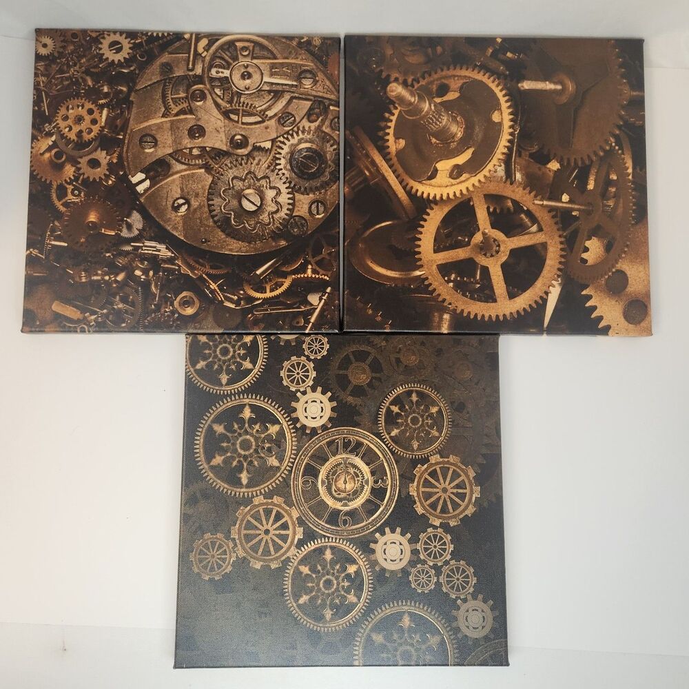 Steampunk Art Pictures Photos on Canvas 11.5" x 11.5" Set of 3 Gears Cogs Watch